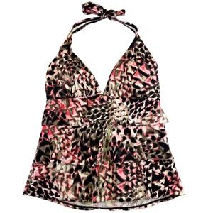 Kim Rogers Swimsuit Tankini Women's Large Pink Brown Leopard Ruffle Halter